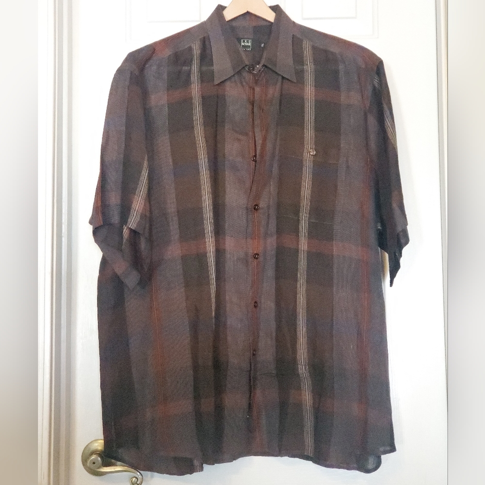 Ike Behar Mens XL Button Up Linen Short Sleeve Sports Shirt Brown Plaid